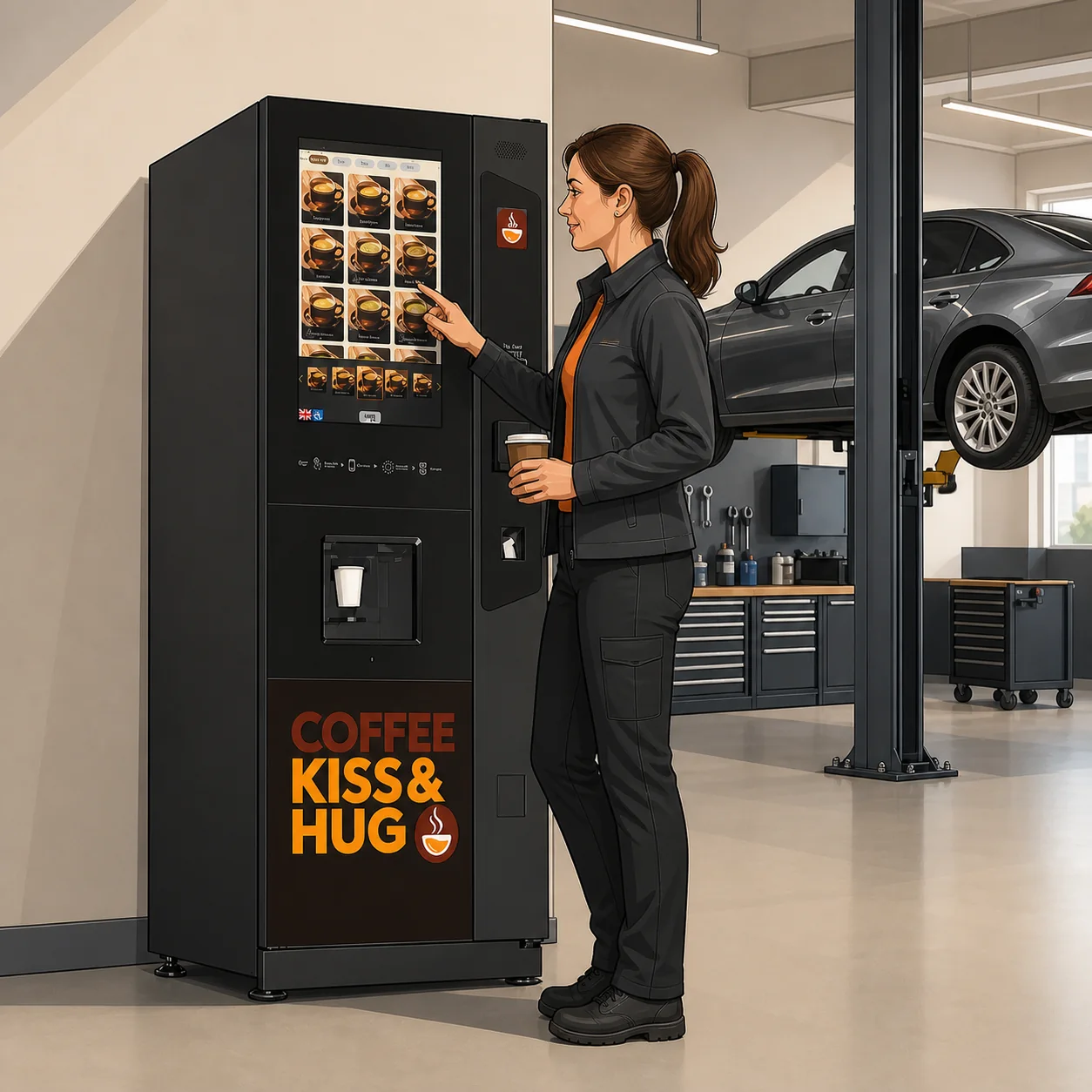 Drawing of a Coffee Kiss and Hug floor-standing vending machine in a car repair garage