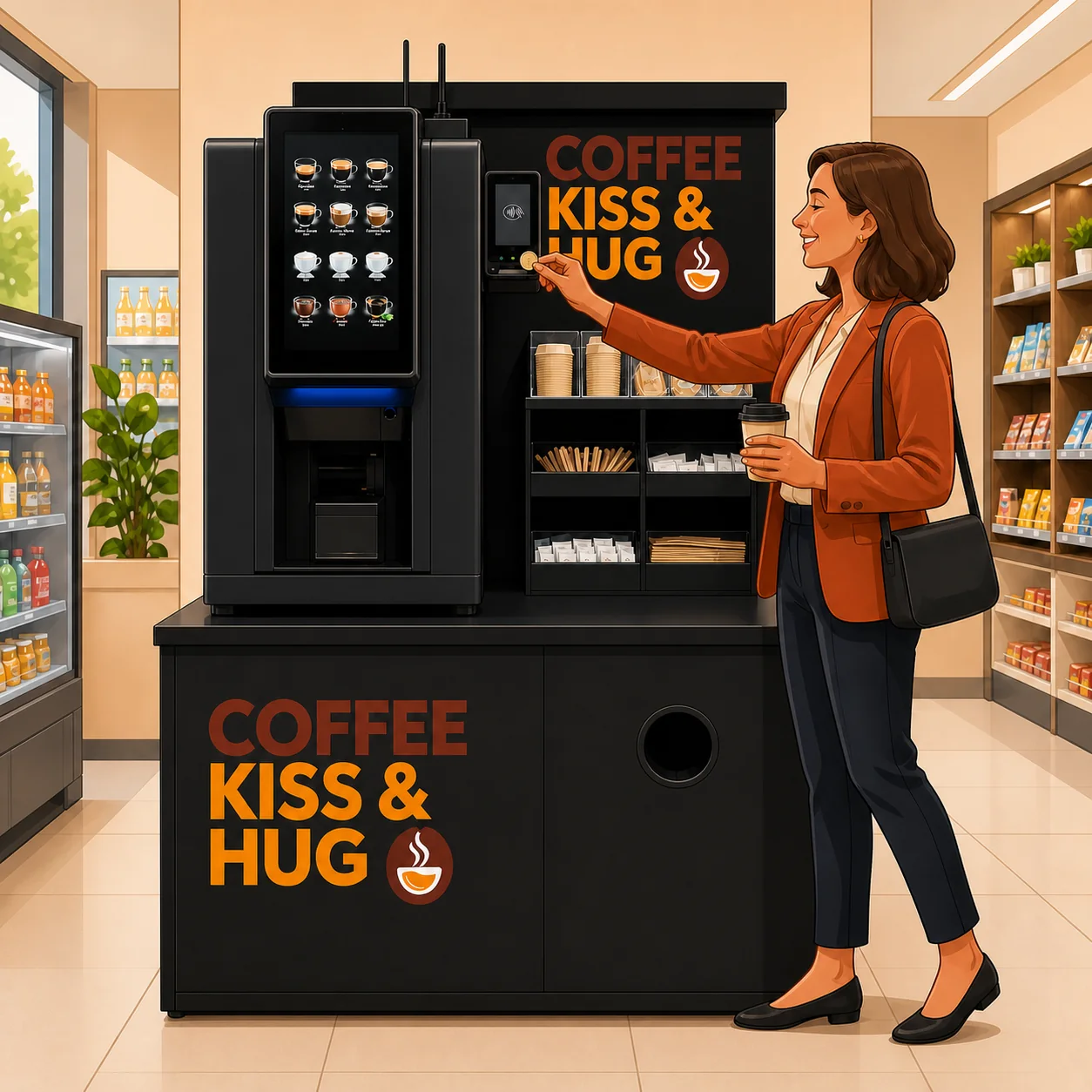 Drawing of a smart woman using a complete coffee vending station in a convenience store