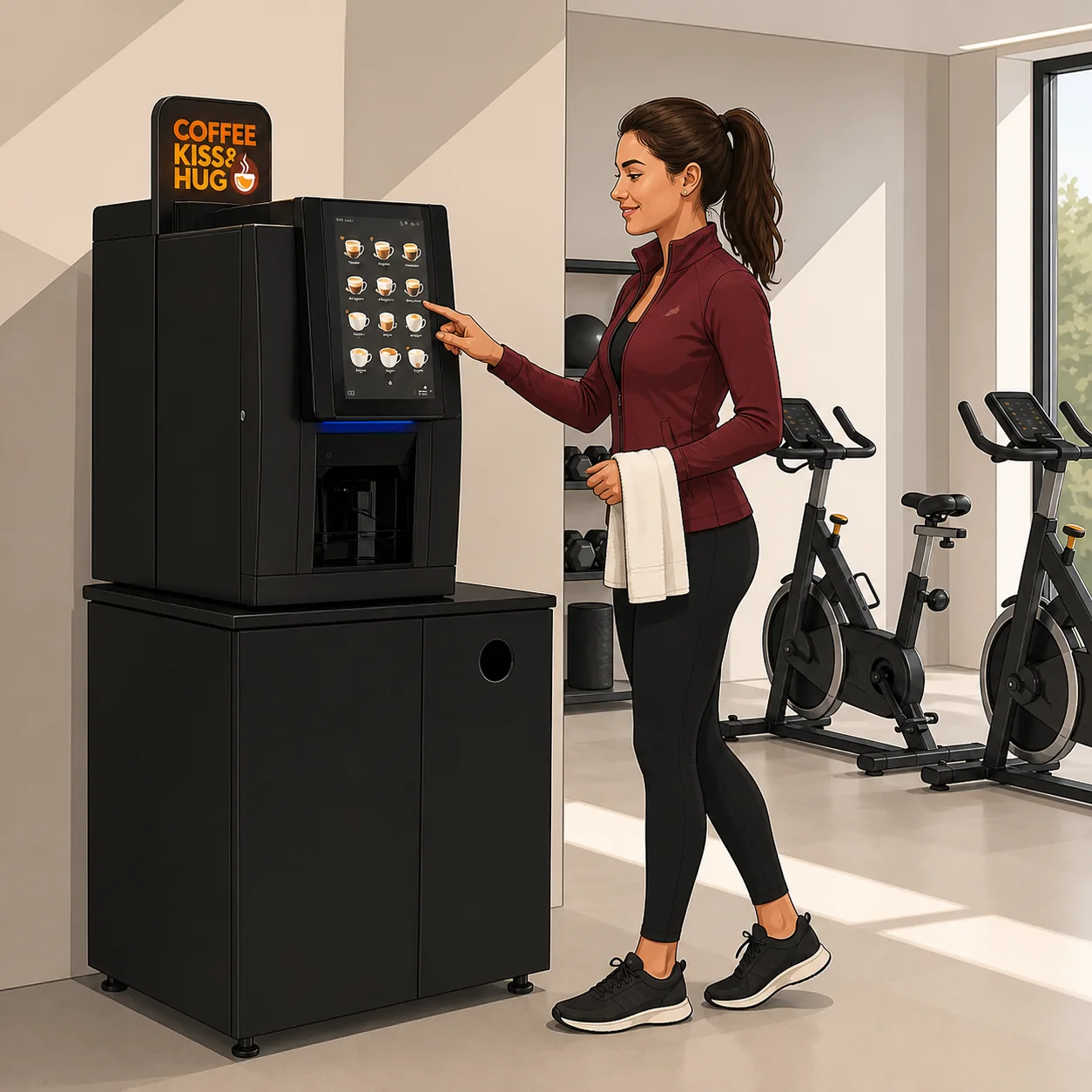 Illustrated coffee vending machine used by a woman in a modern gym