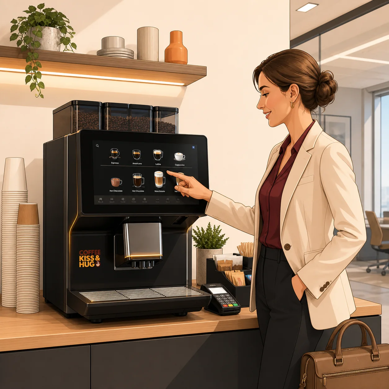 Drawing of a smart businesswoman using a tabletop office coffee machine in Malta